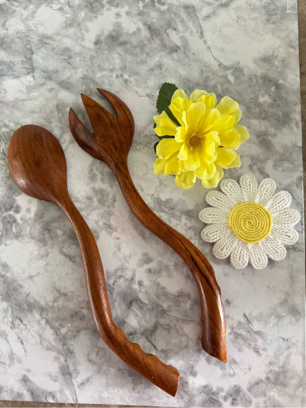 Vintage Hand Carved Wooden Salad Servers Spoon & Fork Set 11